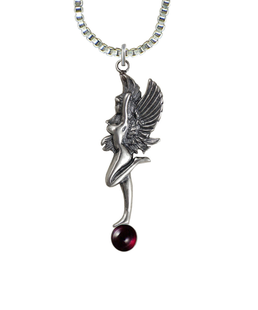 Sterling Silver Dancing Fairy Pendant With Garnet